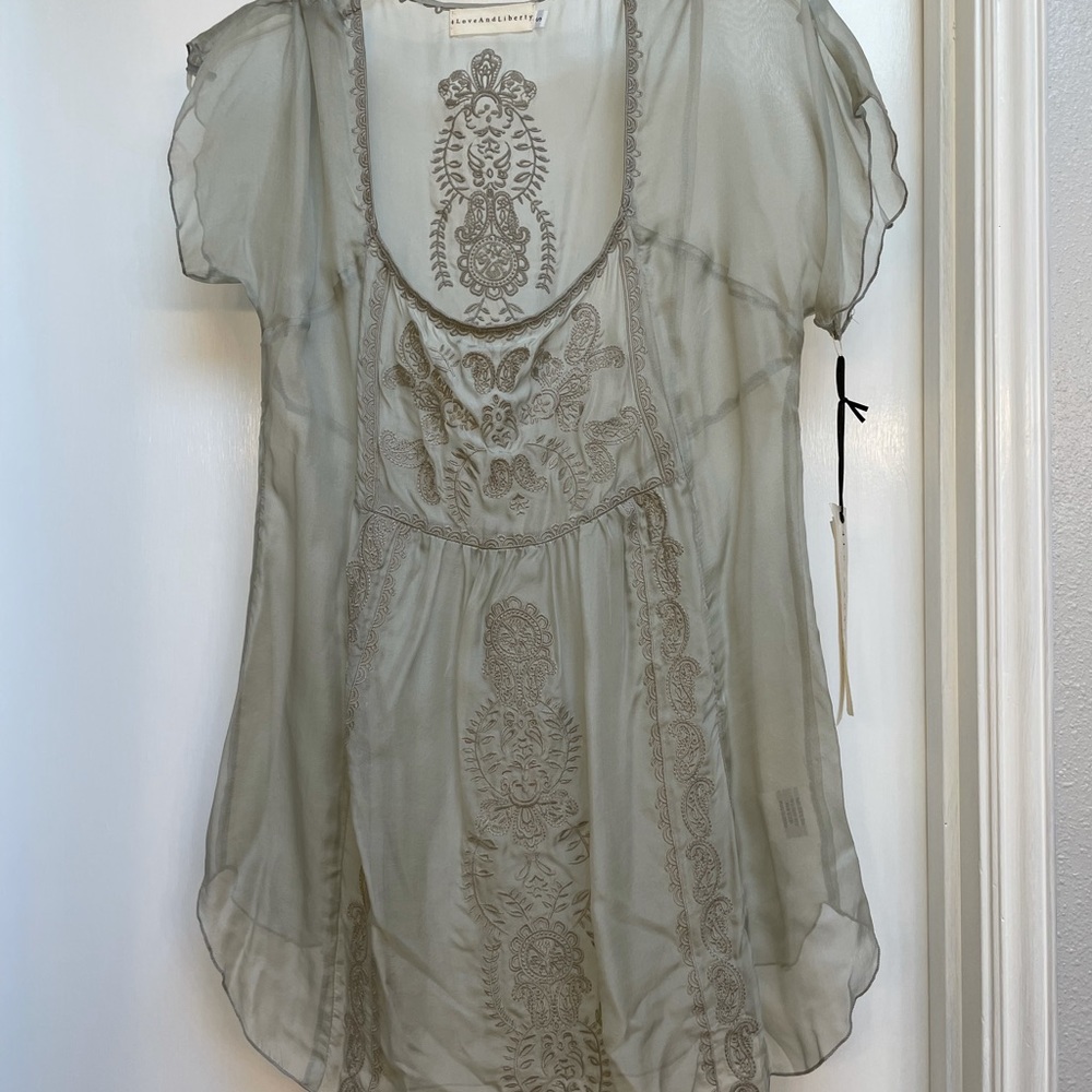 Johnny Was Sheer Embroidered Sage Green Tunic Top